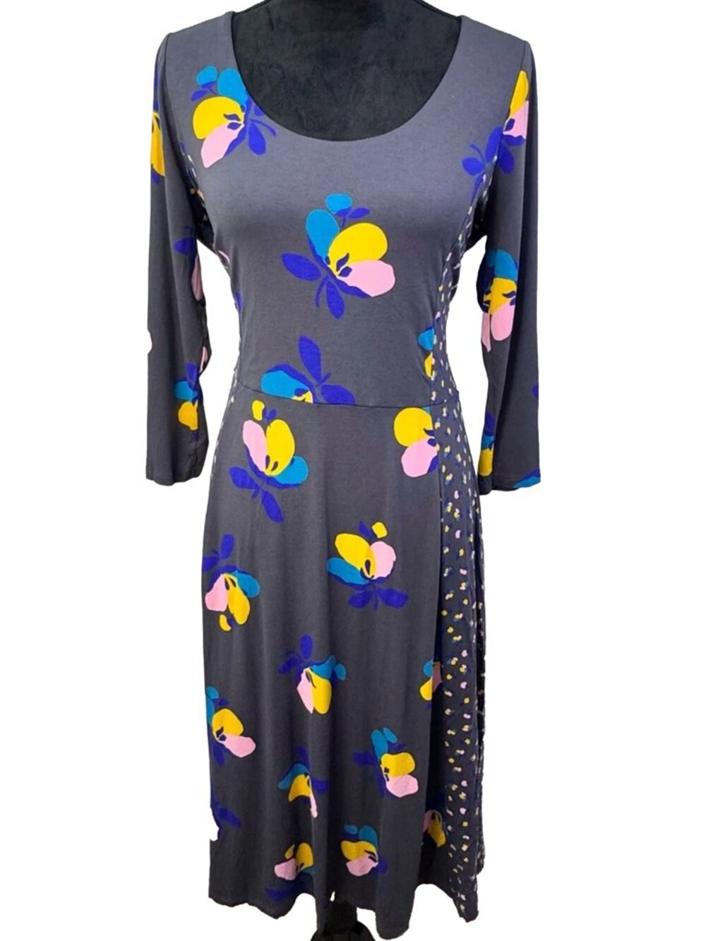 Boden Gray Floral Jersey Midi Dress Medium Fit Flare Scoop Neck Stretch M